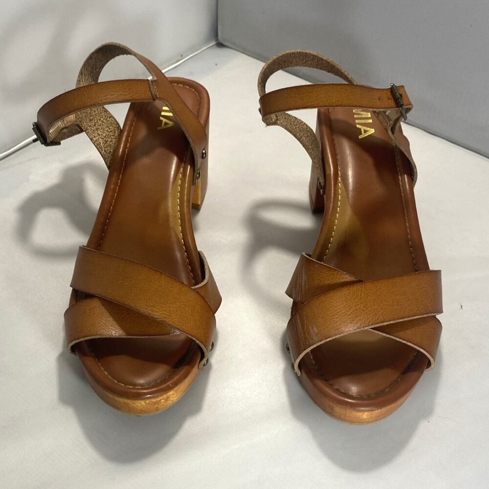 MIA Brown Leather Platform Block Heel Sandal Women's Size US 9